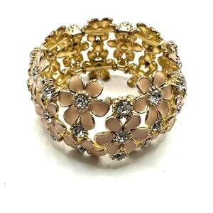 Vintage Pink Peach Enamel Floral flower Stretch Bracelet Gold tone CZ Statement